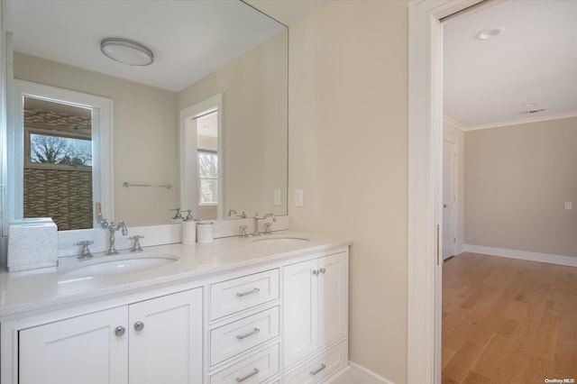 bathroom with vanity, hardwood / wood-style flooring, and crown molding