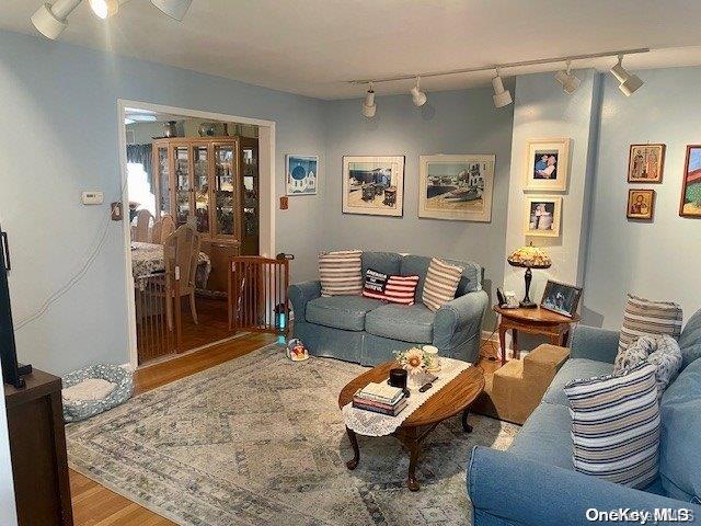 living room featuring hardwood / wood-style floors and rail lighting