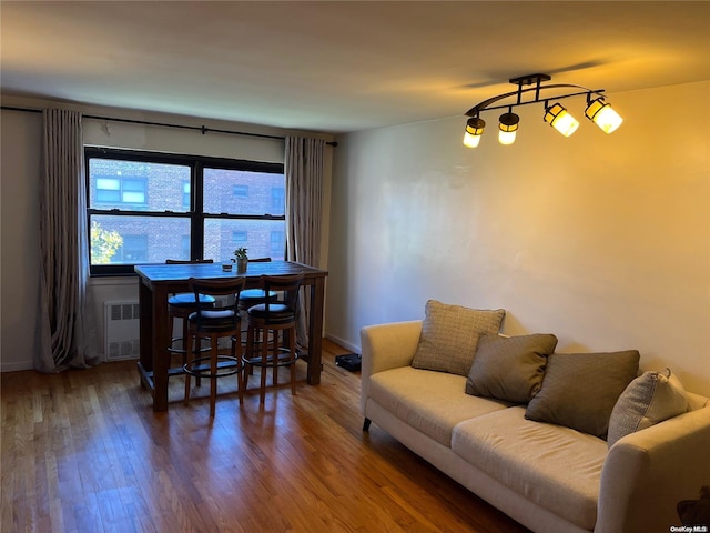 living room with radiator heating unit and hardwood / wood-style flooring