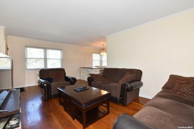 living room with wood-type flooring and ornamental molding