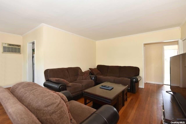 living room featuring dark hardwood / wood-style flooring, ornamental molding, and a wall mounted AC