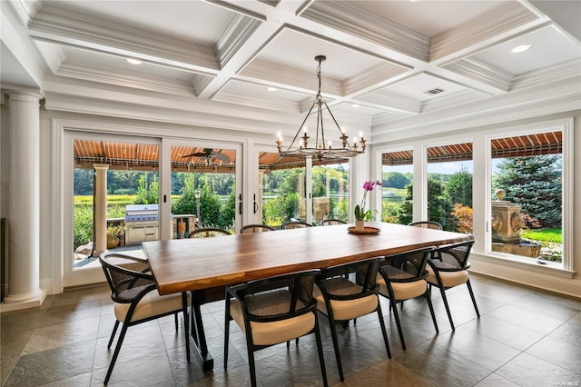 dining room featuring beamed ceiling, coffered ceiling, and an inviting chandelier