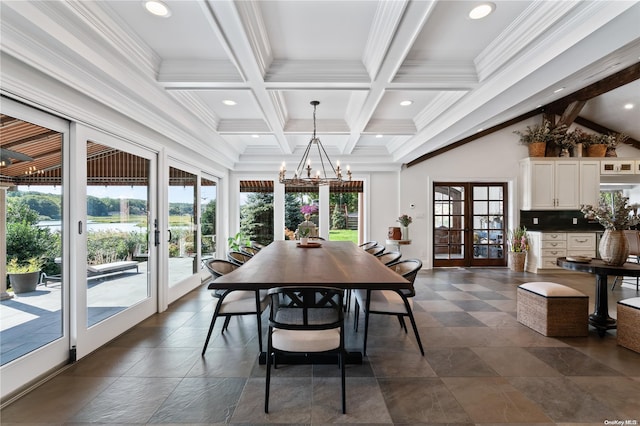 dining room featuring coffered ceiling, french doors, crown molding, beam ceiling, and a chandelier