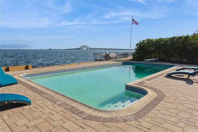 8 Shoal Dr, West Islip, NY 11795 - swimming pool with a water view, a patio, and a diving board