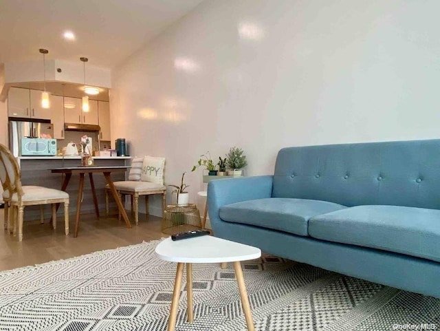 living room featuring light wood-type flooring and vaulted ceiling