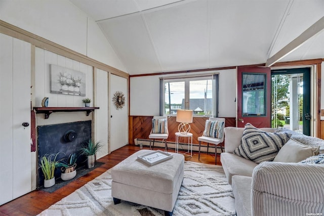 living room featuring lofted ceiling, dark wood-type flooring, and a baseboard heating unit