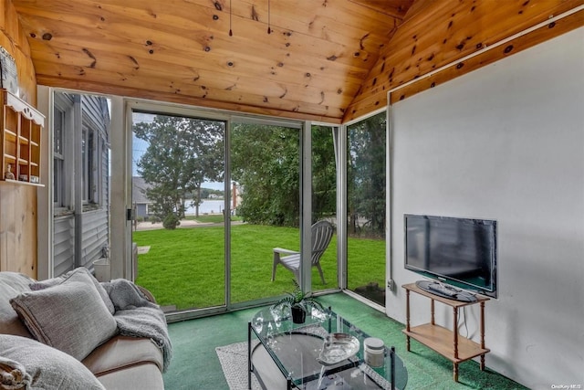 sunroom / solarium featuring wood ceiling and vaulted ceiling