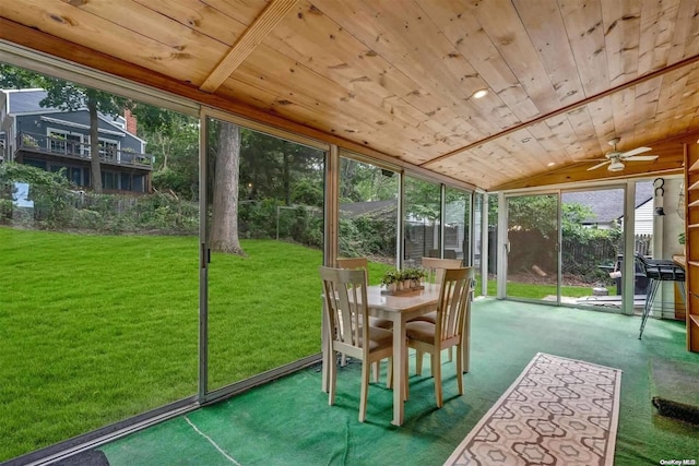 sunroom / solarium with ceiling fan, lofted ceiling, and wood ceiling