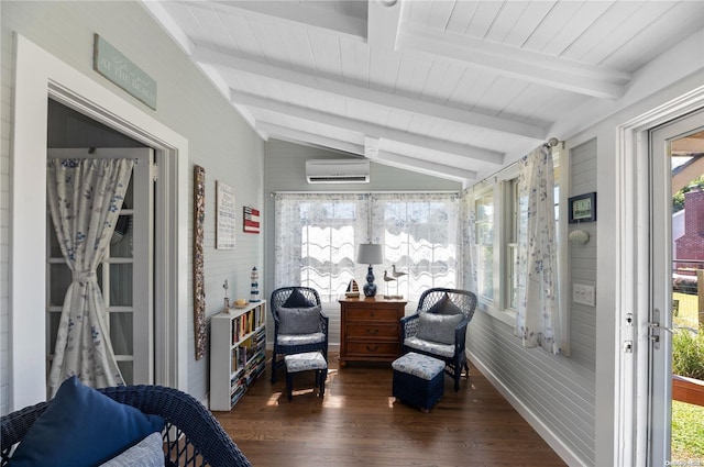 sunroom / solarium featuring lofted ceiling with beams and a wall mounted air conditioner