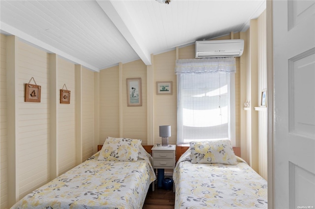 29 Ocean Rd, Ocean Beach, NY 11770 - bedroom featuring a wall mounted air conditioner, lofted ceiling with beams, and dark wood-type flooring
