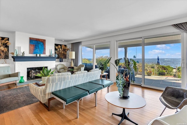 living room featuring a fireplace, light hardwood / wood-style flooring, and a water view