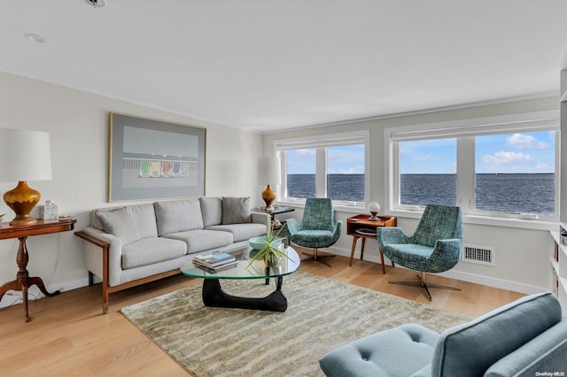 living room featuring a water view and light hardwood / wood-style flooring