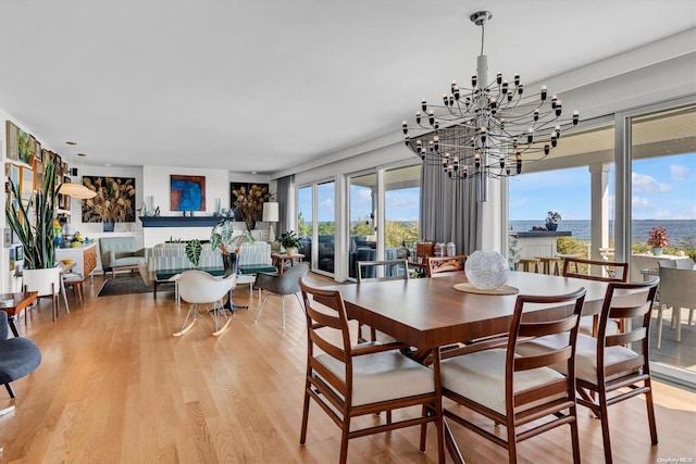 dining space featuring a notable chandelier, a water view, and light wood-type flooring