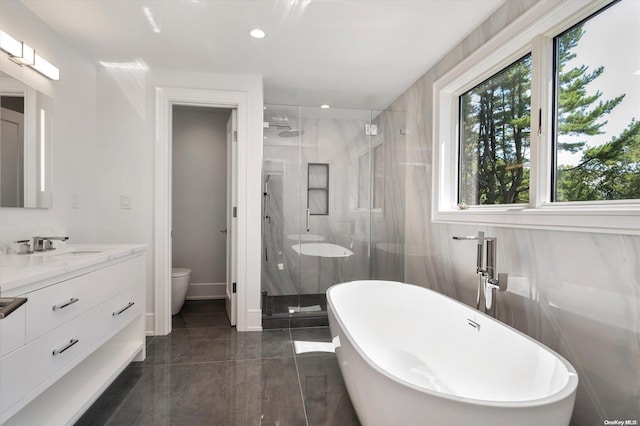 full bathroom featuring toilet, vanity, and separate shower and tub