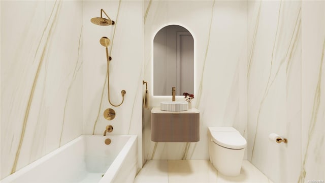 full bathroom featuring tile patterned flooring, toilet, sink, and bathtub / shower combination