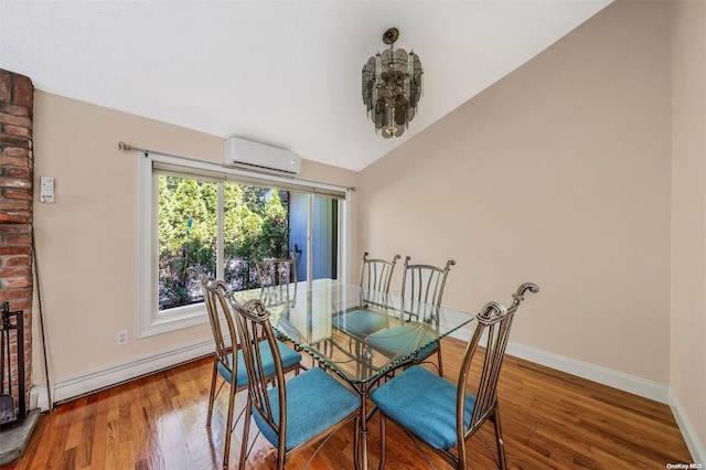 dining area featuring vaulted ceiling, a wall unit AC, a baseboard heating unit, an inviting chandelier, and hardwood / wood-style floors