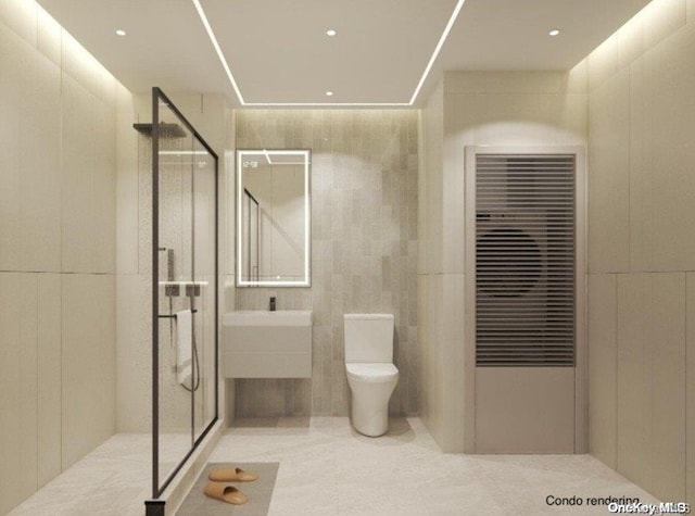 bathroom with toilet, an enclosed shower, tile walls, and vanity