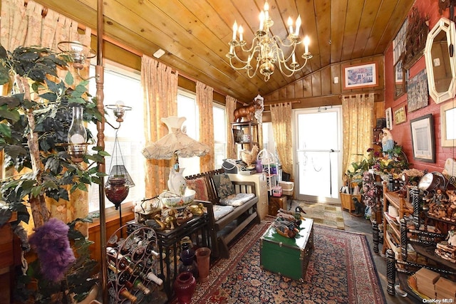 miscellaneous room with an inviting chandelier, vaulted ceiling, and wooden ceiling