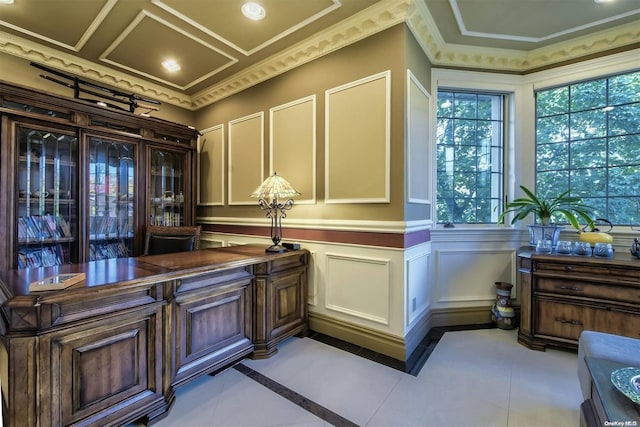 interior space featuring light tile patterned floors and crown molding