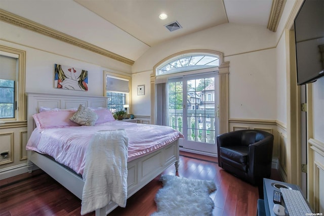 bedroom with dark hardwood / wood-style floors and lofted ceiling