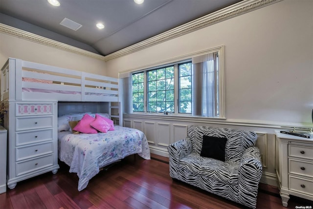 bedroom with lofted ceiling and dark wood-type flooring