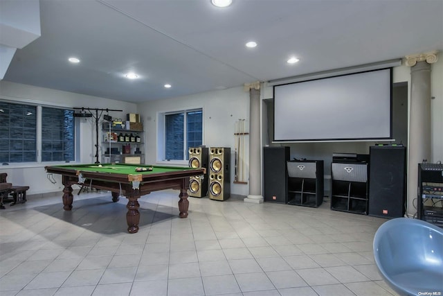 rec room with light tile patterned flooring and billiards