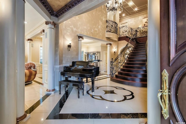 misc room with ornate columns, light tile patterned flooring, and ornamental molding