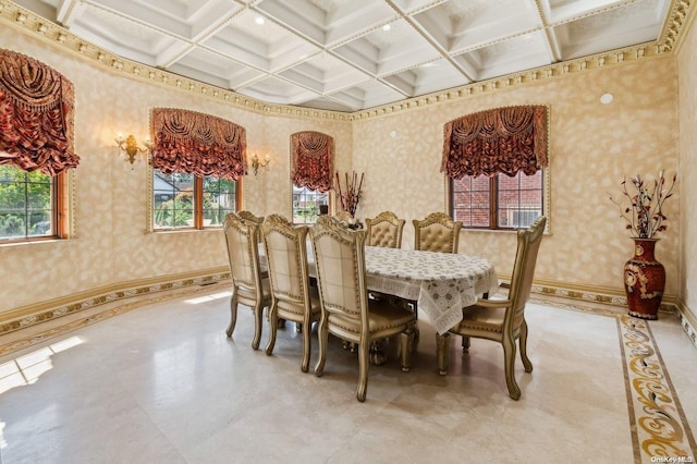 dining space featuring beamed ceiling, a wealth of natural light, and coffered ceiling