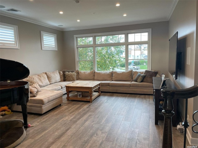 living room with hardwood / wood-style floors and crown molding