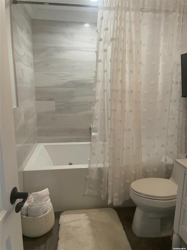 full bathroom with vanity, toilet, and shower / bathtub combination with curtain