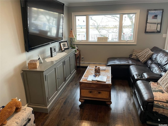 living room featuring dark hardwood / wood-style flooring, a wealth of natural light, and ornamental molding