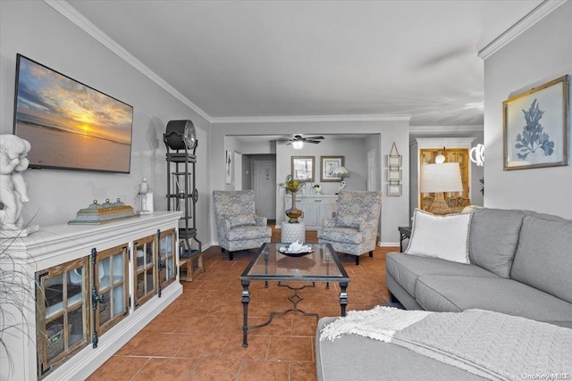 living room with ceiling fan, tile patterned flooring, and ornamental molding