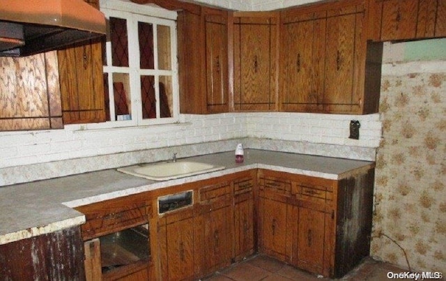 kitchen with tile patterned flooring, exhaust hood, tasteful backsplash, and sink