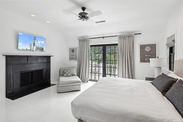 bedroom with access to exterior, ceiling fan, french doors, and vaulted ceiling