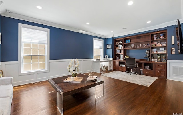 office featuring crown molding and hardwood / wood-style flooring