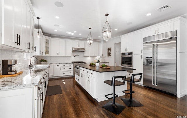 kitchen with white cabinets, stainless steel appliances, and dark hardwood / wood-style floors