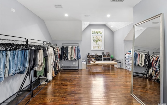 walk in closet with lofted ceiling and dark wood-type flooring