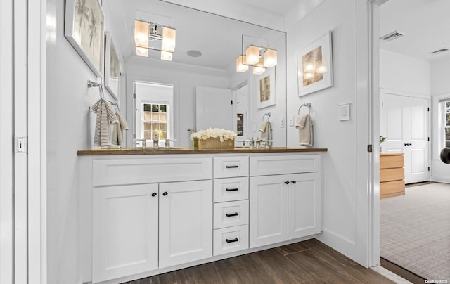 bathroom featuring crown molding, hardwood / wood-style floors, and vanity