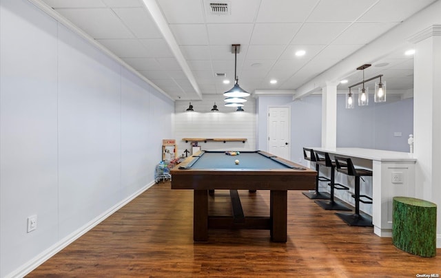 rec room with dark hardwood / wood-style floors and billiards