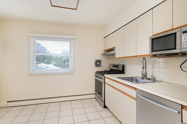 kitchen featuring baseboard heating, white cabinetry, sink, and appliances with stainless steel finishes