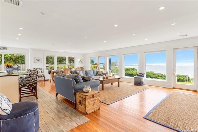 living room featuring a wealth of natural light and light hardwood / wood-style flooring