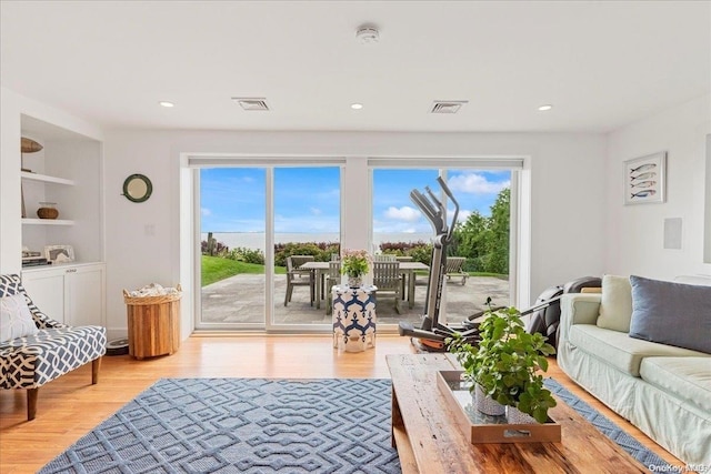 living room with built in shelves, light hardwood / wood-style flooring, and a healthy amount of sunlight