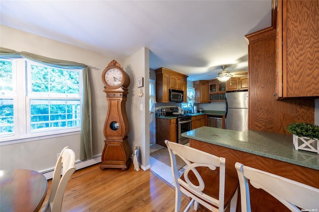 kitchen with ceiling fan, a healthy amount of sunlight, stainless steel appliances, and light hardwood / wood-style flooring