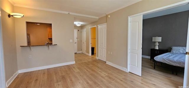 interior space with light hardwood / wood-style floors, ornamental molding, and sink