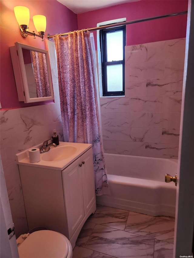 full bathroom featuring shower / bath combination with curtain, toilet, tile walls, and vanity