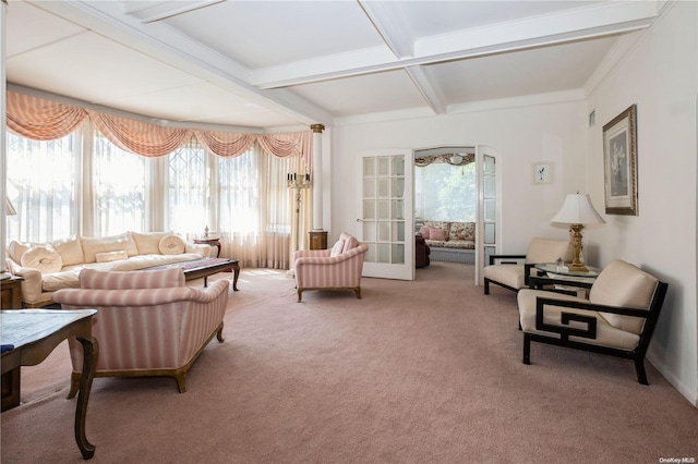 interior space with carpet, coffered ceiling, french doors, ornamental molding, and beam ceiling