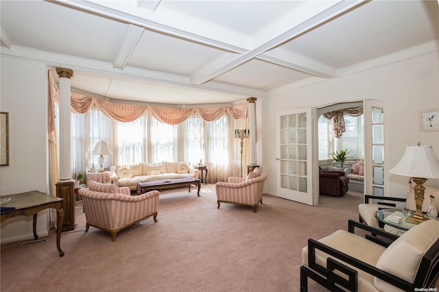 carpeted living room featuring crown molding, french doors, beamed ceiling, and coffered ceiling