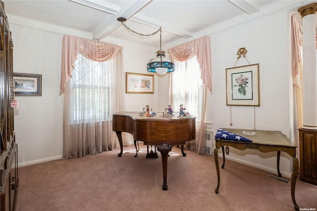 miscellaneous room featuring carpet floors, crown molding, beamed ceiling, and coffered ceiling