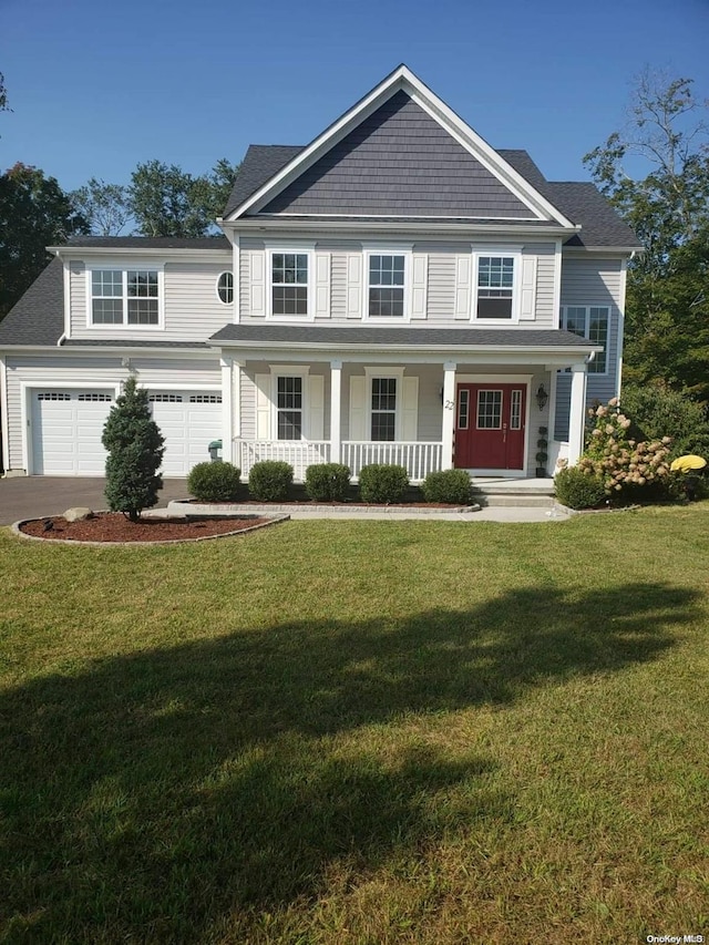 view of front of house with covered porch, a garage, and a front lawn