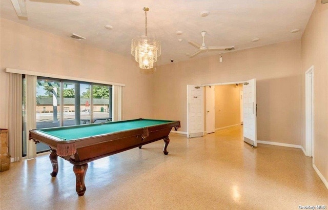 playroom featuring a high ceiling, ceiling fan with notable chandelier, and pool table